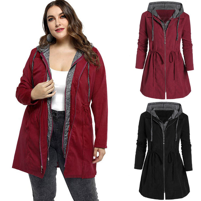 Color-Mid-Length Cotton-Padded Coat Women Winter Coat Zipper Faux Two-Piece Hooded plus Size Cotton Clothes Women-Fancey Boutique