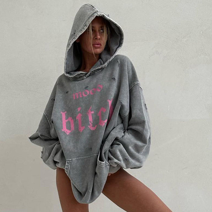 Color-Street Worn Looking Washed-out Broken Letters Printed Hoodie Women Autumn Lazy Loose Pocket Coat-Fancey Boutique