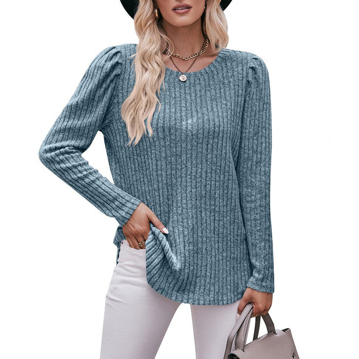 Color-Pale blue-Women round-Neck Puff Sleeve Brushed Sunken Stripe Solid Color Upper Clothes Long Sleeves T-shirt-Fancey Boutique