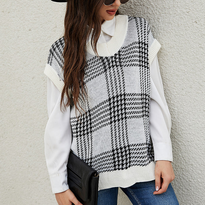 Color-Women Clothing Autumn Winter Casual Loose V-neck Sleeveless Knitted Vest Plaid Knitted Vest Sweater-Fancey Boutique