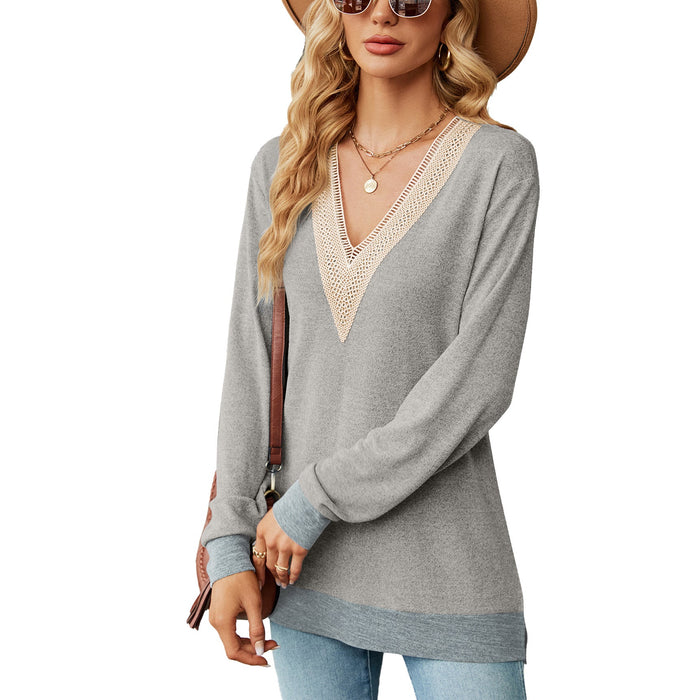 Color-Light Gray-Autumn Winter Lace V-Collar Contrast Color Slit Loose Long Sleeve T-shirt Top Ladies-Fancey Boutique