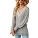 Color-Light Gray-Autumn Winter Lace V-Collar Contrast Color Slit Loose Long Sleeve T-shirt Top Ladies-Fancey Boutique