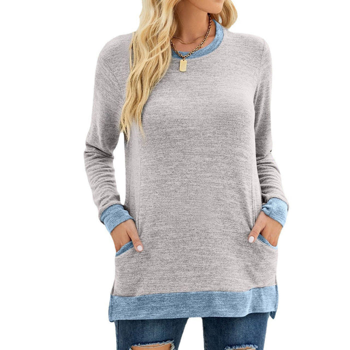Color-Light Gray-Women Clothing round Neck Multicolor Pocket Long Sleeve Pullover Top Loose-Fitting Casual T-shirt-Fancey Boutique