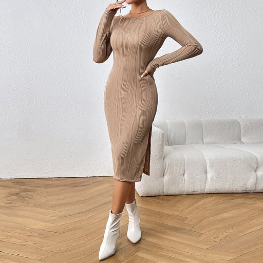 Color-Backless Round Neck Slim Slimming Slit Sheath Dress-Fancey Boutique