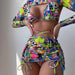 Color-Binki Trendy Irregular Asymmetric Pattern Print Sex Long Sleeve Tether Swimwear-Fancey Boutique