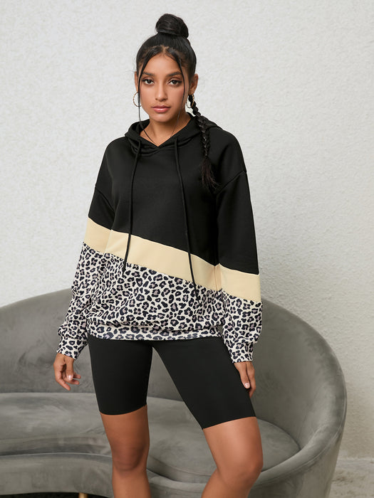 Color-Autumn Winter Popular Leopard Print Three Color Stitching Hooded Long-Sleeved Sweater Women-Fancey Boutique