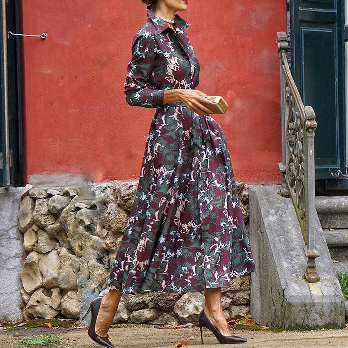 Color-Spring Autumn Women Collared Mid Length Printing Dress-Fancey Boutique