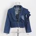 Color-Navy Blue-Autumn Office Niche Design Patchwork Ruffled Long Sleeve Short Women Jeans Shirt-Fancey Boutique
