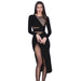 Color-Black-Women Sexy Fishnet Rhinestone Bandage One Piece Dress Long Sleeve Elegant Cocktail Evening Dress-Fancey Boutique