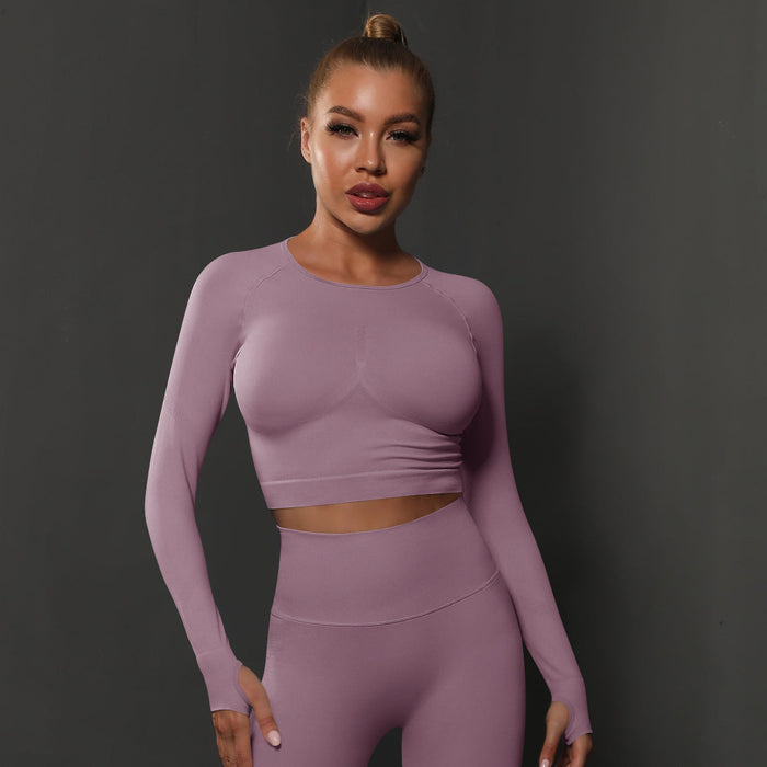 Color-Long Sleeve-Light Purple-Seamless Knitted Solid Color Peach Tight T Shirt Top Fitness Exercise Yoga Clothes Moisture Absorption Body Shaping Long Sleeve Women-Fancey Boutique