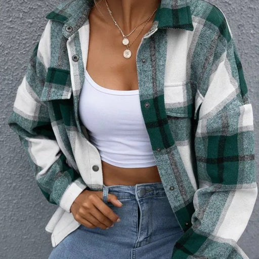 Color-Woolen Plaid Long Sleeve Turn Down Collar Coat Thick Casual Loose Shirt-Fancey Boutique