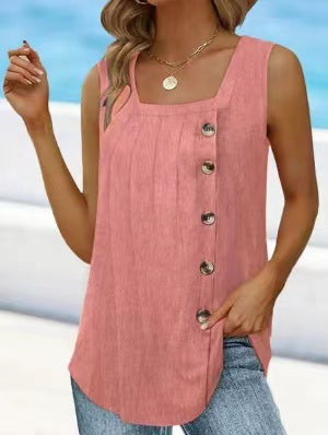 Color-Pink-Summer Women Clothing Pleated Square Collar Sleeveless Dovetail Button Vest Women-Fancey Boutique