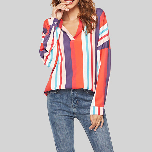 Color-Women Clothing Color Stripes V Neck Long Sleeve Shirt All Matching Shirt-Fancey Boutique