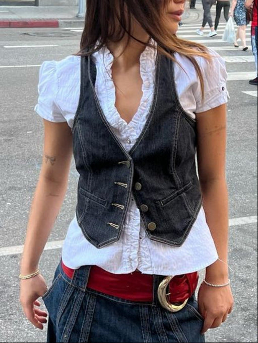 Color-Black-Slim Denim Vest For Women-Fancey Boutique