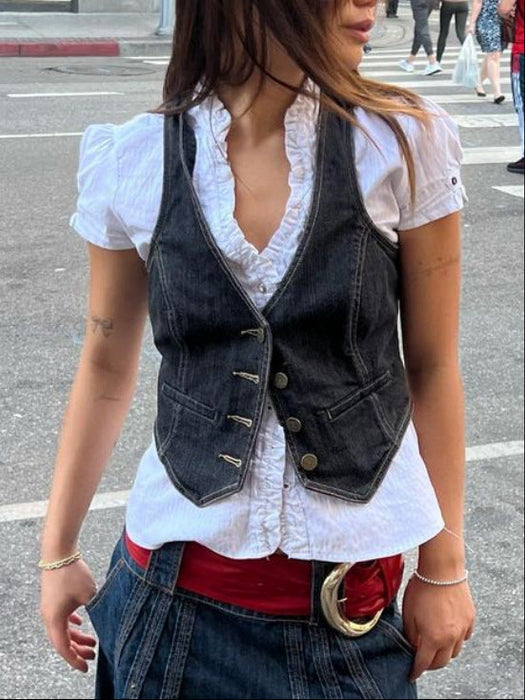 Color-Black-Slim Denim Vest For Women-Fancey Boutique