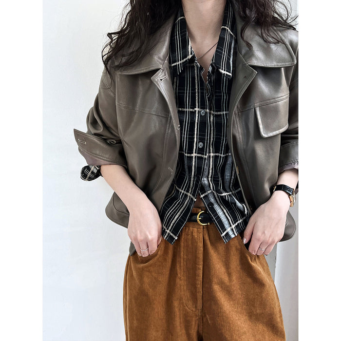 Color-Fashionable Fine Elegant Brown Profile Faux Leather Coat Women Fall Lapels Motorcycle Short Jacket Coat-Fancey Boutique