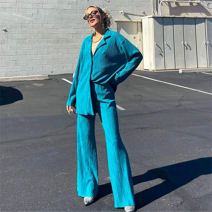 Color-Blue-1-Spring Summer Solid Color Texture Loose Slimming Pleated Casual Suit textured-Fancey Boutique