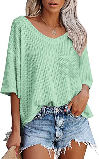 Color-Light Green-Summer Women Clothing V neck Pocket Waffle Casual Short-Sleeved T shirt-Fancey Boutique