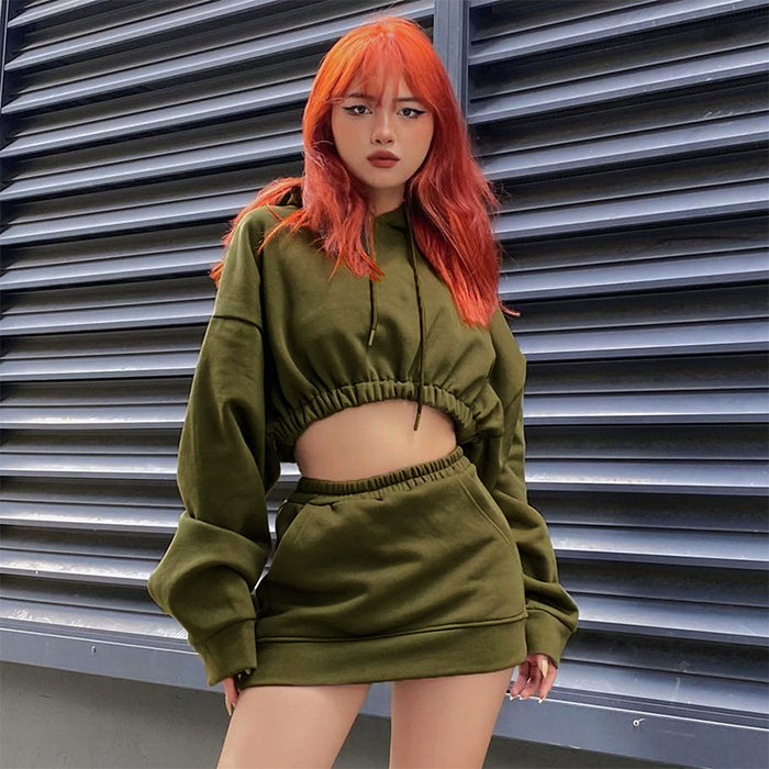 Color-Street Trends Cool Sweet Girl Cropped Cropped Hoodie Short Skirt Two Piece Suit Women-Fancey Boutique