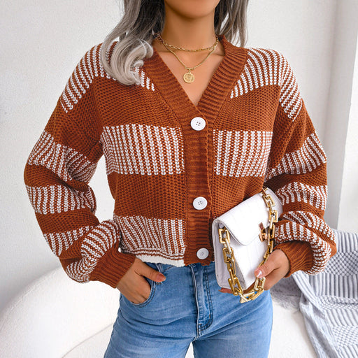 Color-Brown-Winter Striped Lantern Sleeve Cardigan Sweater Coat Women Clothing-Fancey Boutique