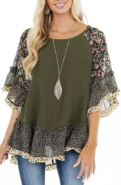 Color-Army Green-Spring Summer Women Clothing Batwing Sleeve Color Blocking Leopard Floral Print Mid Length Sleeves T Shirt-Fancey Boutique