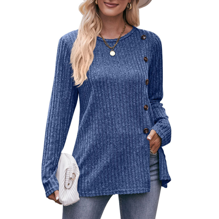 Color-royal blue-Women Solid Color round Neck Sunken Stripe Brushed Slit Button T shirt-Fancey Boutique