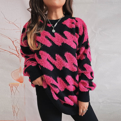Color-Autumn Winter Loose Thickened Wave Striped Flocking round Neck Long Sleeve Knitted Sweater Pullover-Fancey Boutique