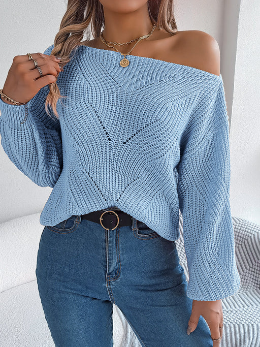 Color-Autumn Winter Casual Hollow Out Cutout out off Neck off the Shoulder Lantern Sleeve Sweater Women Clothing-Fancey Boutique