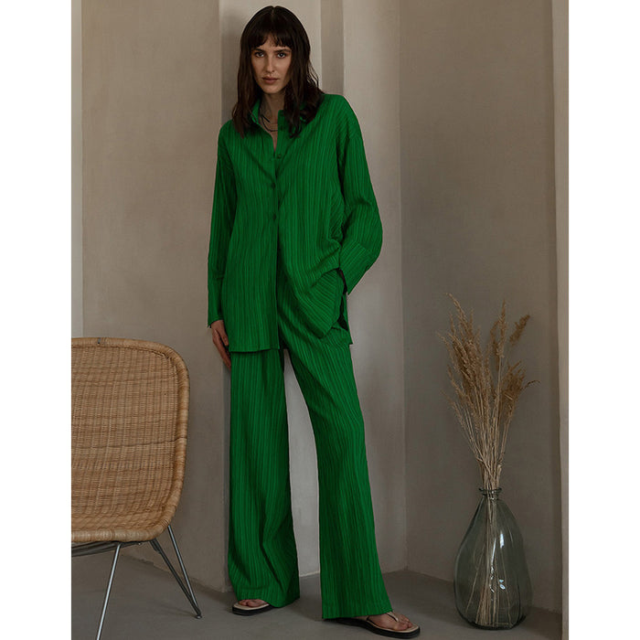 Color-Autumn Winter Popular Casual Pleated Shirt-Style Wide-Leg Pants Suit-Fancey Boutique