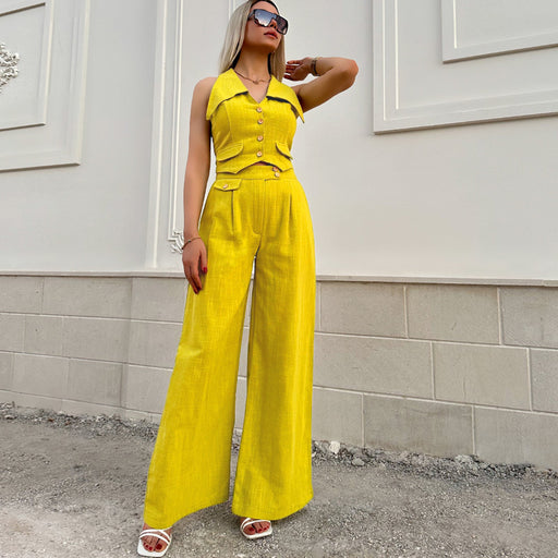 Color-Suit Women Summer Sleeveless Short Vest Top with Loose Solid Color Trousers Suit-Fancey Boutique