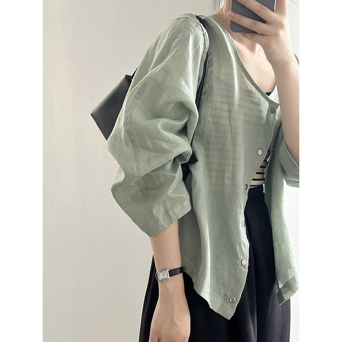 Color-Minimalist Long Sleeve Thin Jacket Coat Autumn Loose Round Neck Single Breasted Top-Fancey Boutique