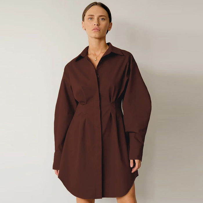 Color-Brown-Early Autumn Women Wear French Shirt Dress Tight Waist Elegant Slim-Fit Long Sleeves Slim Fit Retro Minority Dress-Fancey Boutique