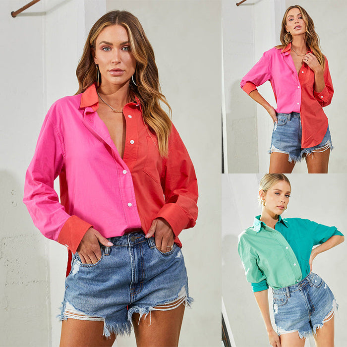 Color-Women Clothing Autumn Collared Single Breasted Loose Contrast Color Shirt Women-Fancey Boutique