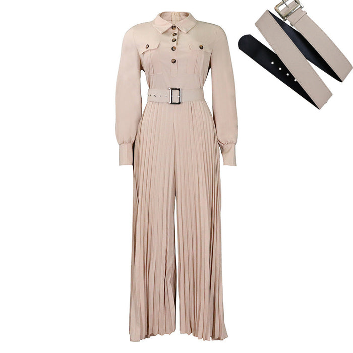 Color-Khaki-Belt Women Clothing Spring Summer Long Sleeve Casual Loose Pleated Wide Leg Jumpsuit-Fancey Boutique