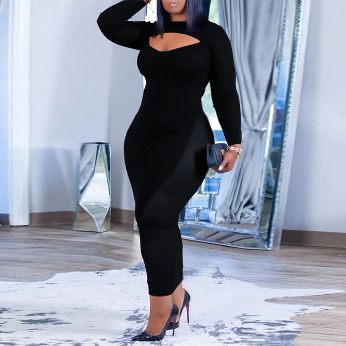 Color-Plus Size Women Autumn Black Mid-Length One-Step Dress Office Solid Color Voile Dress-Fancey Boutique