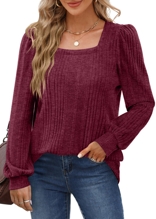 Color-Burgundy-Temu Autumn Winter Women Sunken Stripe Square Collar Casual Long Sleeve Top-Fancey Boutique