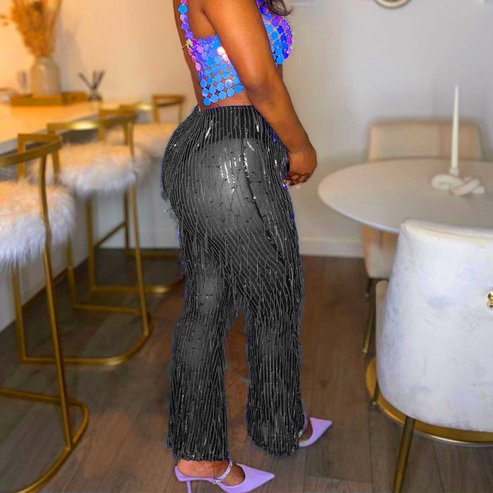 Color-Personalized Sequin Tassel Sexy Mesh Hollow Out Cutout See through Flared Pants-Fancey Boutique