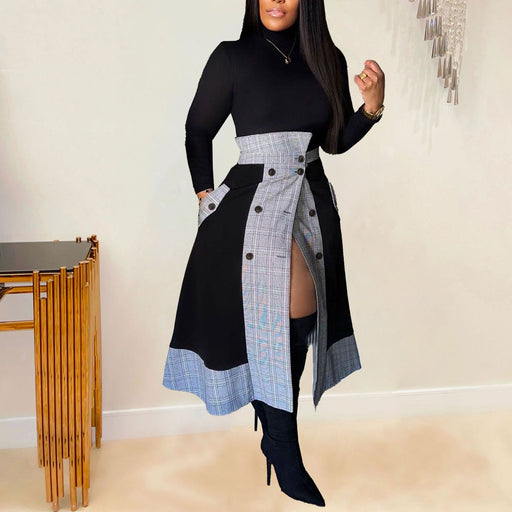 Color-Popular Slim Fit Long Sleeved Small Turtleneck Plaid Split Midi Dress Two Piece Set-Fancey Boutique