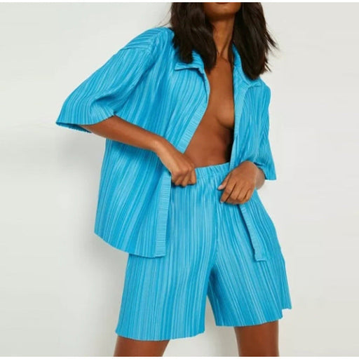 Color-Blue-Spring Summer Pleated Shirt Short Sleeve Shorts Casual two piece set-Fancey Boutique