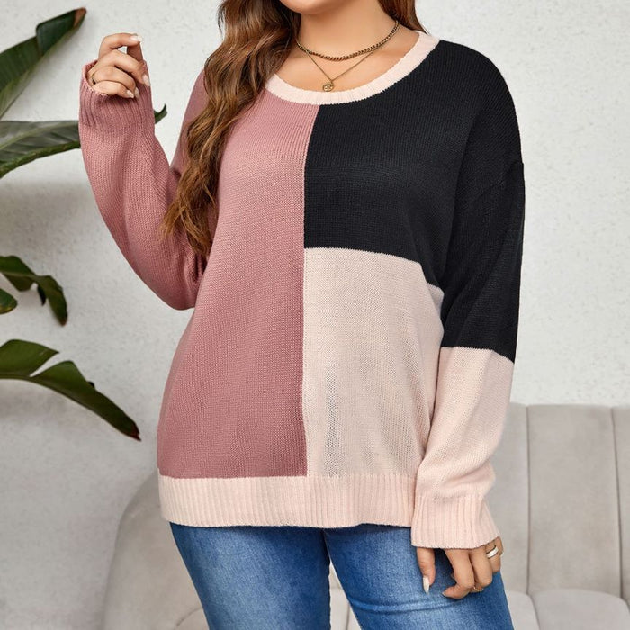 Color-Plus Size Autumn Winter round Neck Color Matching Thick Casual Sweater-Fancey Boutique