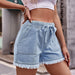 Color-Light Blue-Elastic Waist Drawstring Casual High Waist Raw Edge Denim Shorts Women-Fancey Boutique