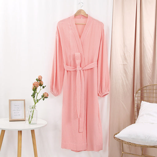 Color-Pink-Early Spring French Solid Color Cardigan Nightgown Double Layer Gauze Full Cotton Casual Home Pajamas Women Cotton-Fancey Boutique