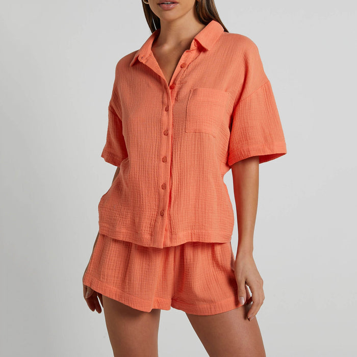 Color-Orange Red-Solid Color Shirt Outfit Women Casual Loose Short Sleeves Single Breasted Women Clothing Spring Summer Shorts Two Piece Set-Fancey Boutique