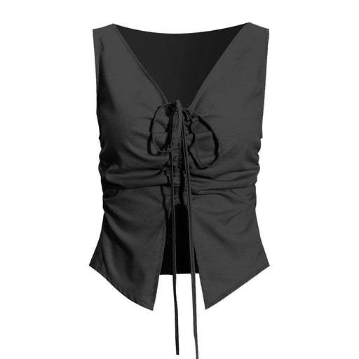 Color-Black Vest-Niche Two-Piece Women Curved Placket Long Sleeve Short Shirt Pleated Drawstring Camisole Suit-Fancey Boutique