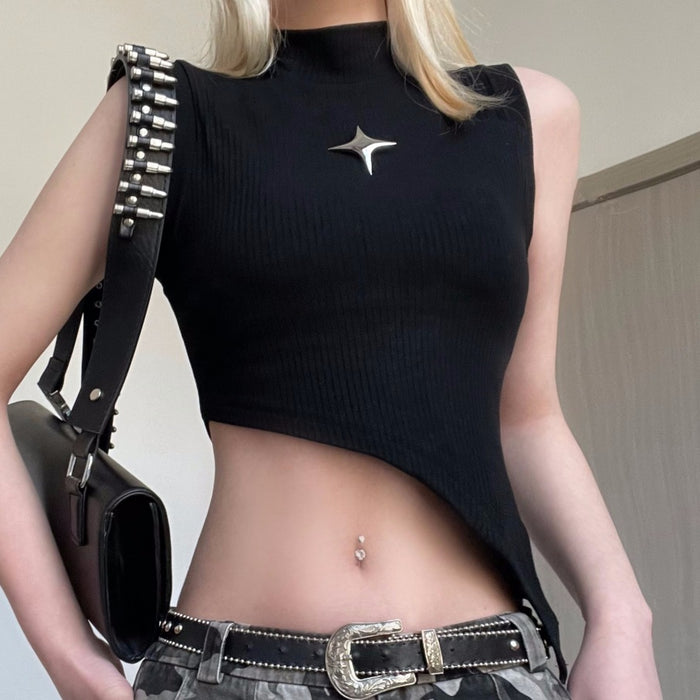 Color-Metal Five Pointed Star Decorative Stitching Half Turtleneck Sleeveless Beveled Bare Cropped Slim Fit Top Sexy Vest-Fancey Boutique