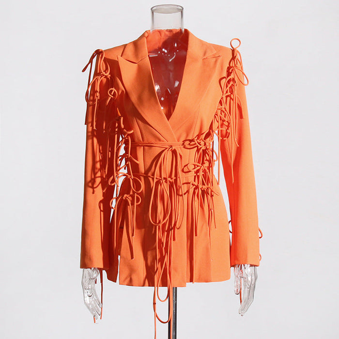 Color-Orange-Fall Trendy Niche Design Stitching Drawstring Lace up Waist Controlled Slimming Blazer Women Clothing-Fancey Boutique