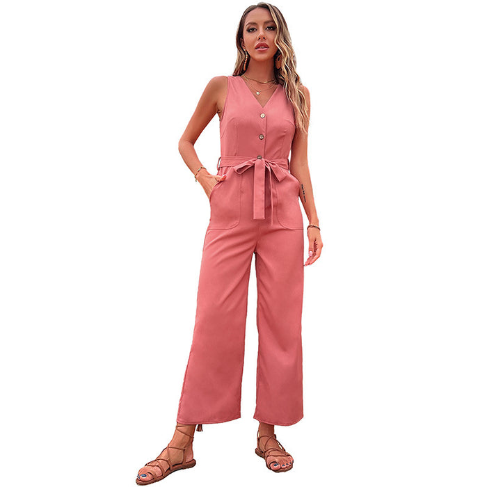 Color-Summer Seaside Vacation Women Sleeveless Casual Lace up Red Jumpsuit Women-Fancey Boutique