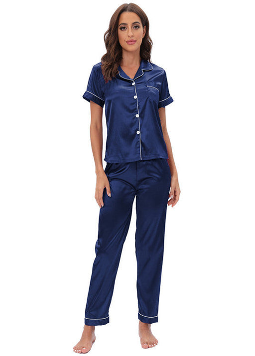 Color-Blue-Satin Suit Two Piece Home Wear Pajamas Women-Fancey Boutique