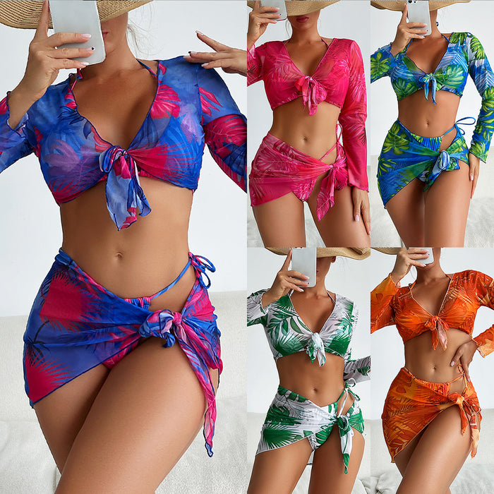 Color-Swimsuit Women Split Four Piece Long Sleeve Internet Celebrity Printed Lace up Bikini Swimsuit-Fancey Boutique