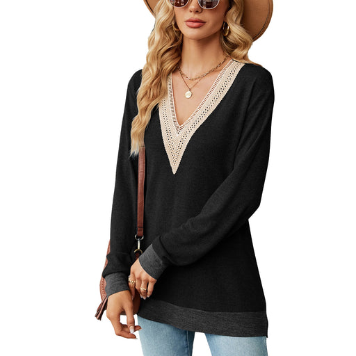 Color-Black-Autumn Winter Lace V-Collar Contrast Color Slit Loose Long Sleeve T-shirt Top Ladies-Fancey Boutique